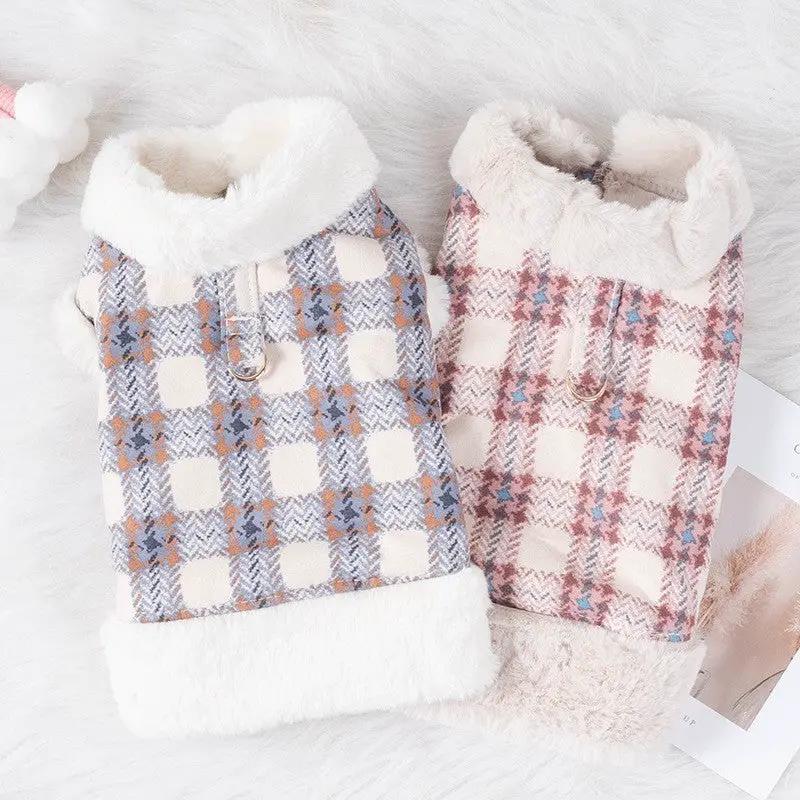 Plush plaid dog vests by eprolo, 2-pack with faux fur trim for small dogs, blue-gray and pink colorways