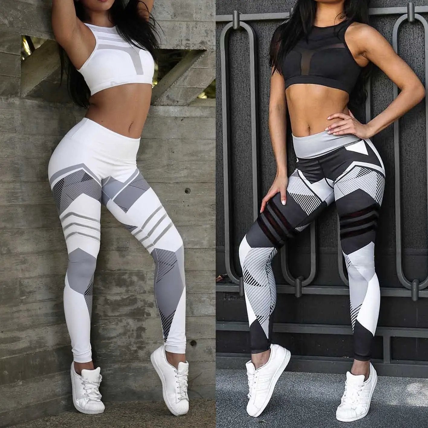 Yoga leggings for women, geometric print sets in white/gray and black/gray, plus sizes S-XXXL (2 pairs)