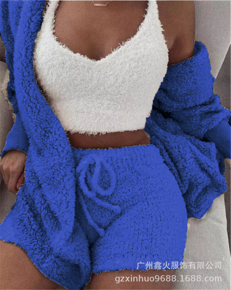 Women's clothing, winter plush home wear, casual 3Pcs pajamas long sleeved shorts sports set