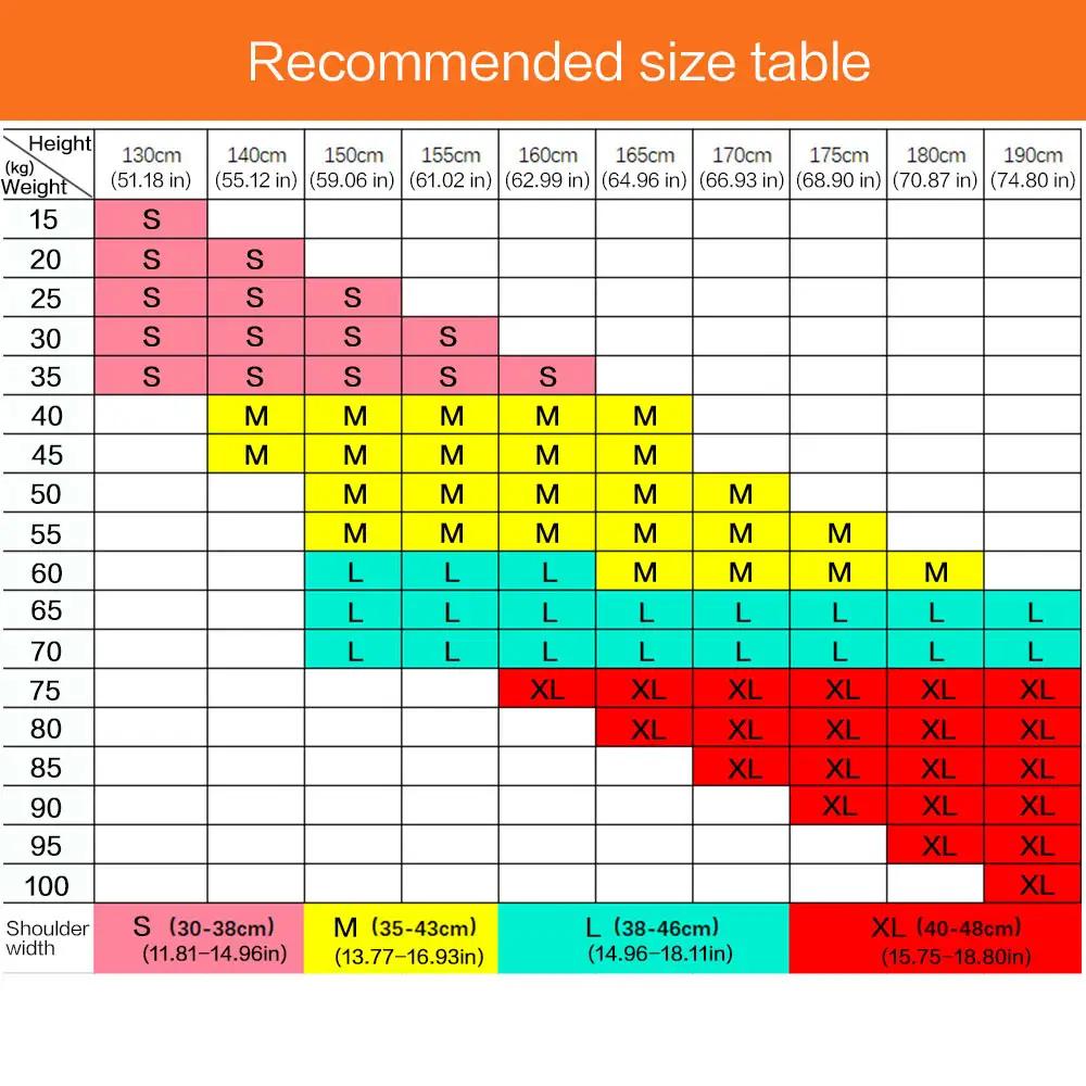 eprolo back belt posture corrector size chart (XS–XL) with shoulder-width categories