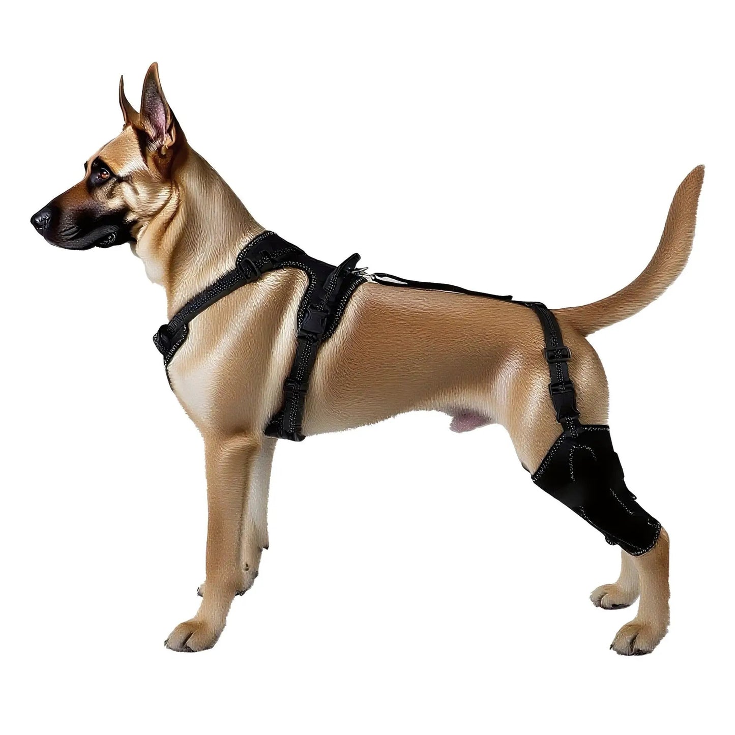 Dog hind-leg protective gear with thigh cover in black, adjustable straps