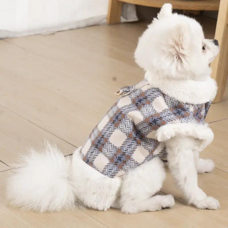 Dog vest with plush fur trim and plaid pattern, by Eprolo