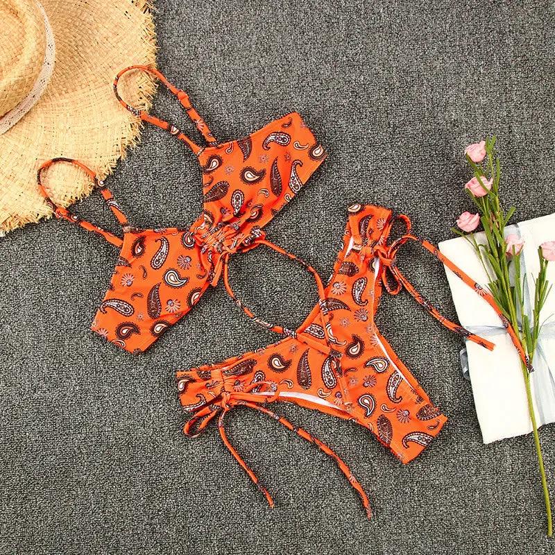eprolo two-piece orange paisley bikini set with string-tie top and side-tie bottoms