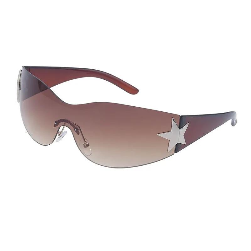 Sunglasses, eprolo retro rimless shield, brown gradient lenses, silver star accent on temple