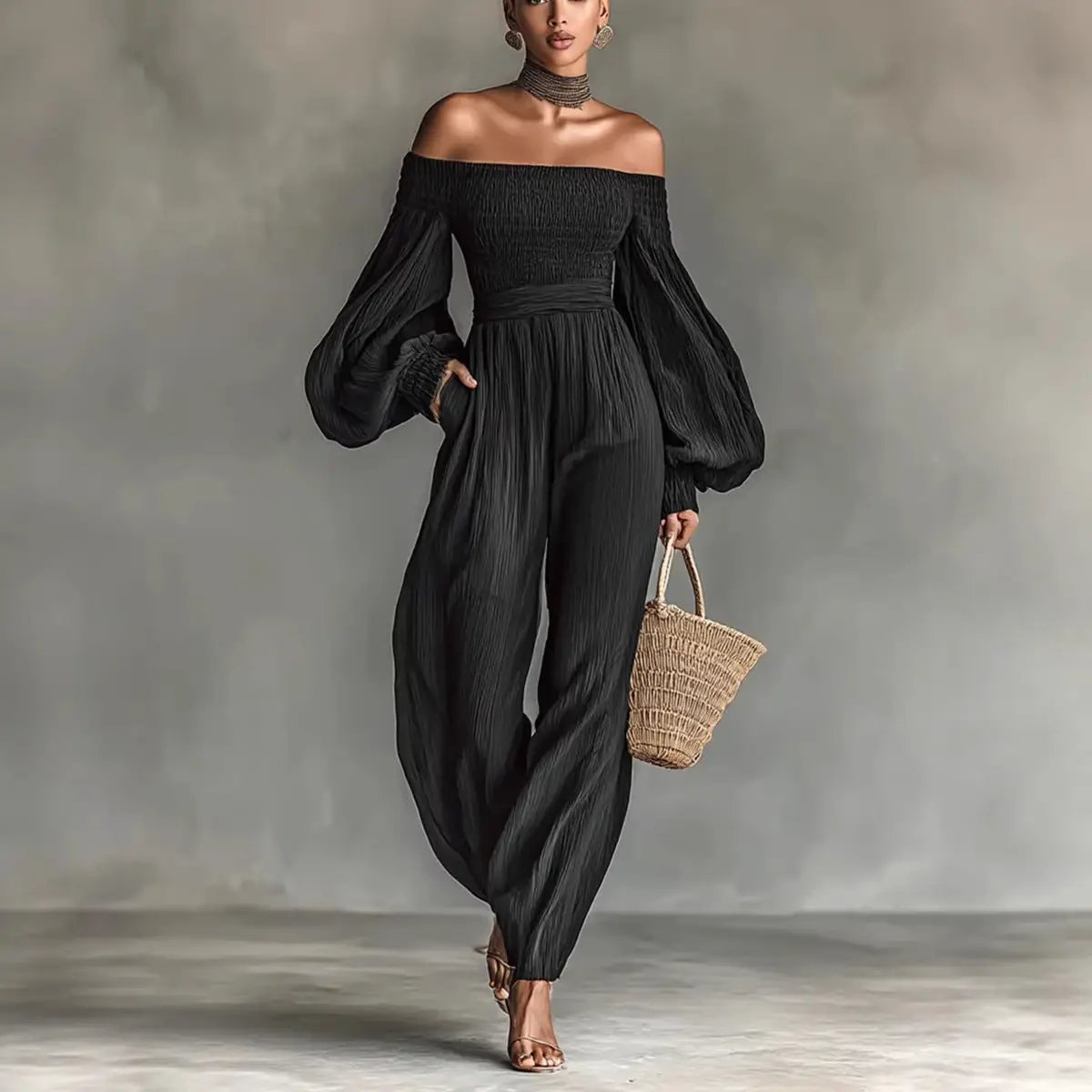 Style Off-Shoulder Lantern-Sleeve Pleated Loose Jumpsuit for Women, black, by eprolo