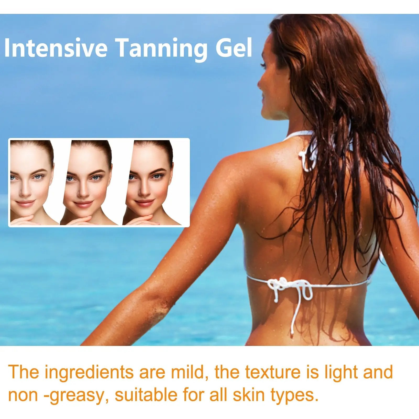 Intensive Tanning Gel by eprolo; beach backdrop with a 3-image portrait collage showing before and after tanning.