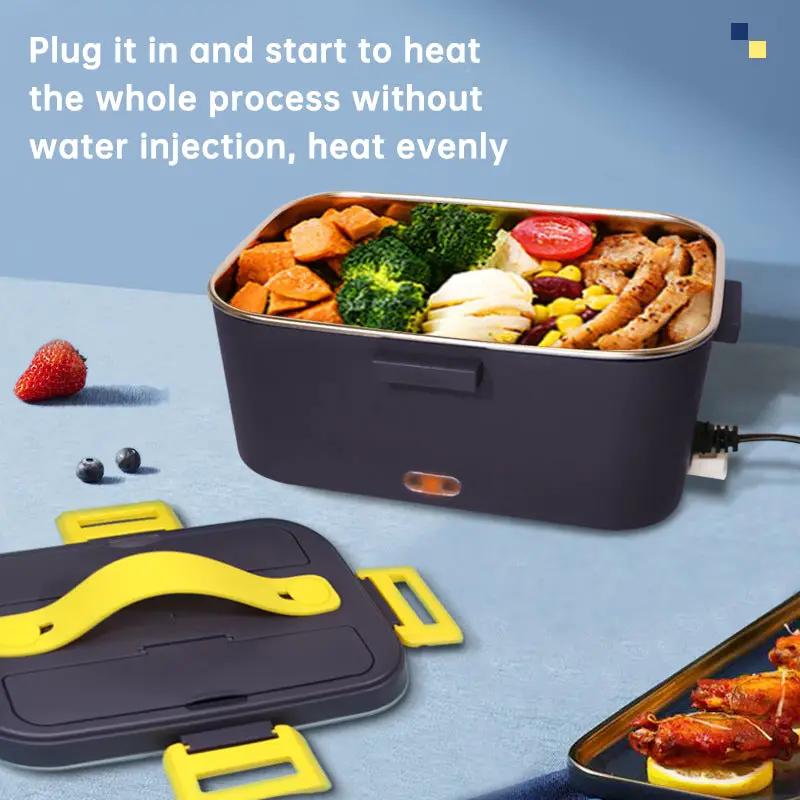 Eprolo portable electric heated lunch box with yellow lid handle in dark navy, 110/220V and 12/24V power options.