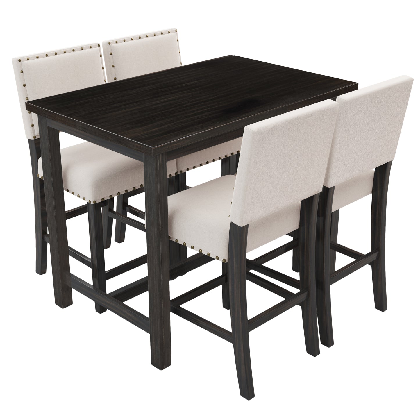 TOPMAX 5 Piece Rustic Wooden Counter Height Dining Table Set with 4 Upholstered Chairs for Small Places Espresso+ Beige