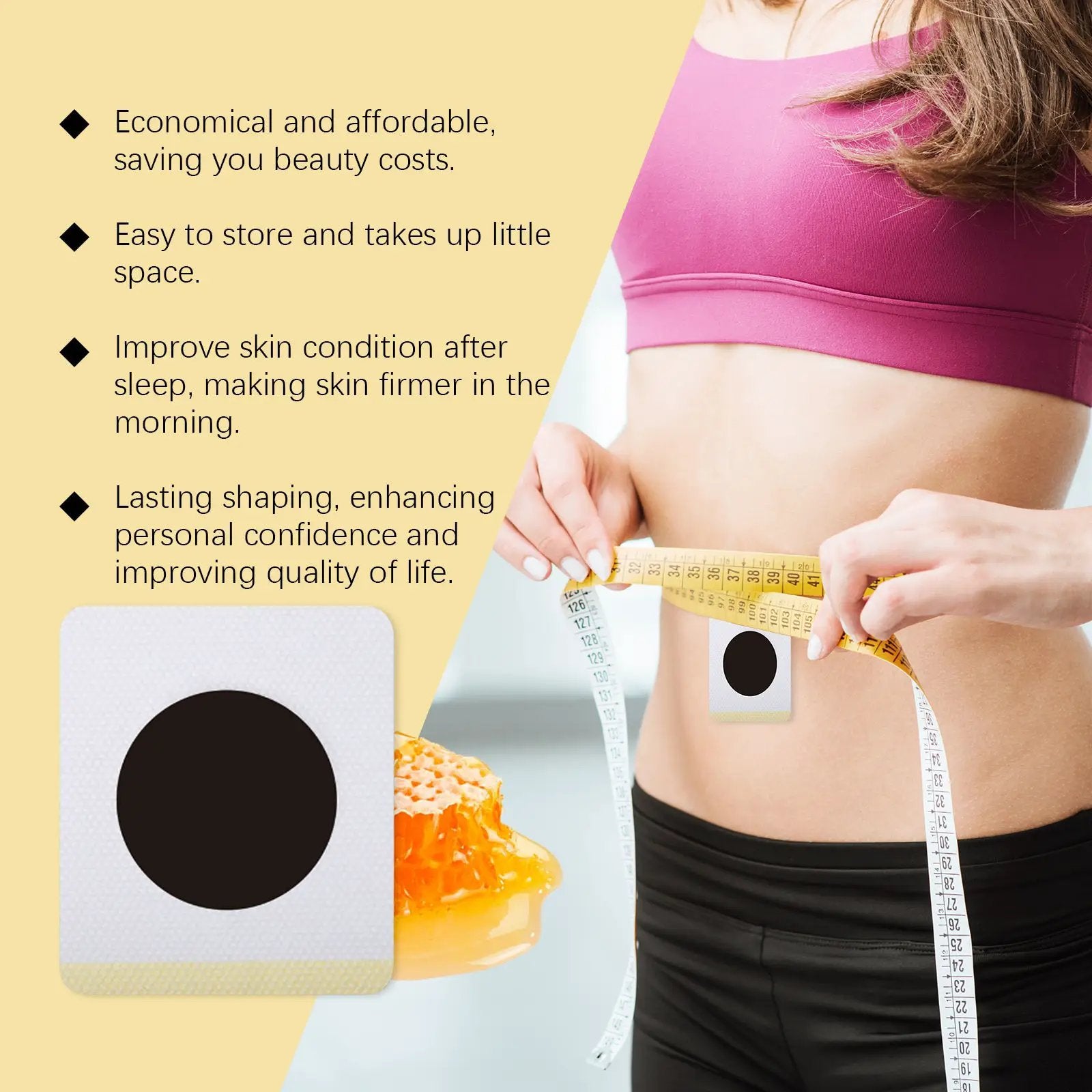 eprolo Bee Venom Lymphatic Drainage Patch with waist measurement scene, pink sports top, and product packaging