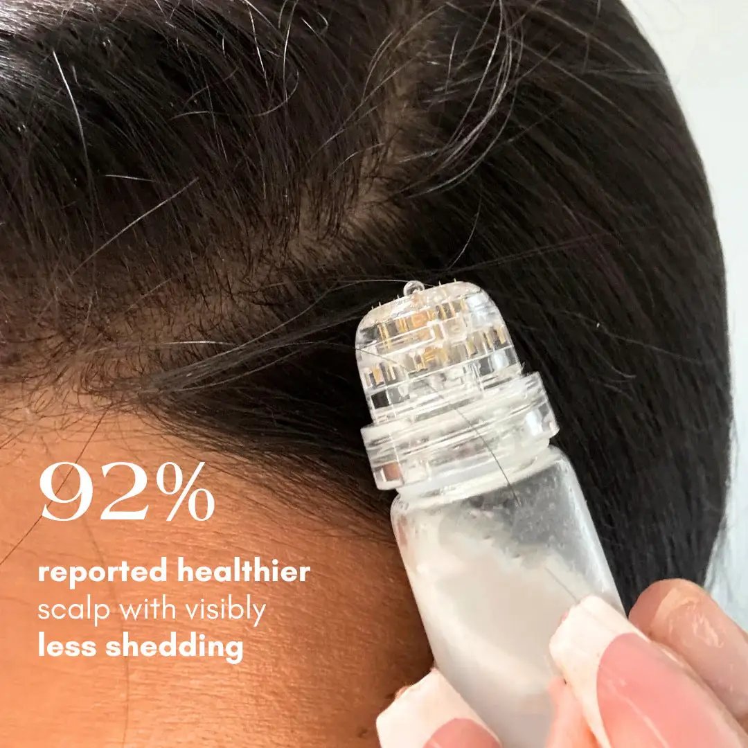 Hair Regrowth Microneedle Serum Kit for scalp care; clear bottle with microneedle roller used on the scalp.