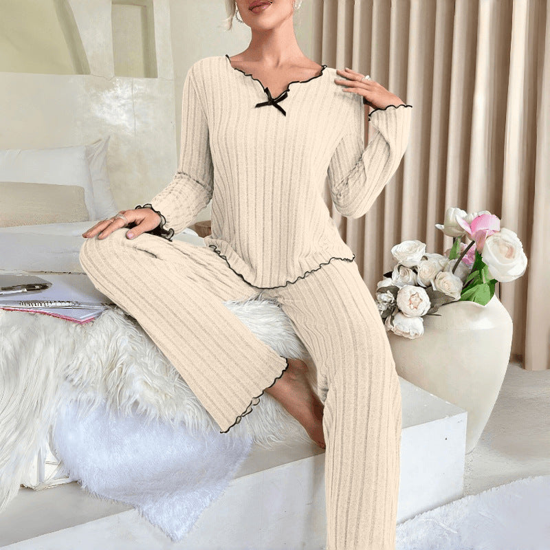 Cozy Women's Home Wear Set with Black Trim and Braided Edge Casual Sleepwear for Autumn and Winter