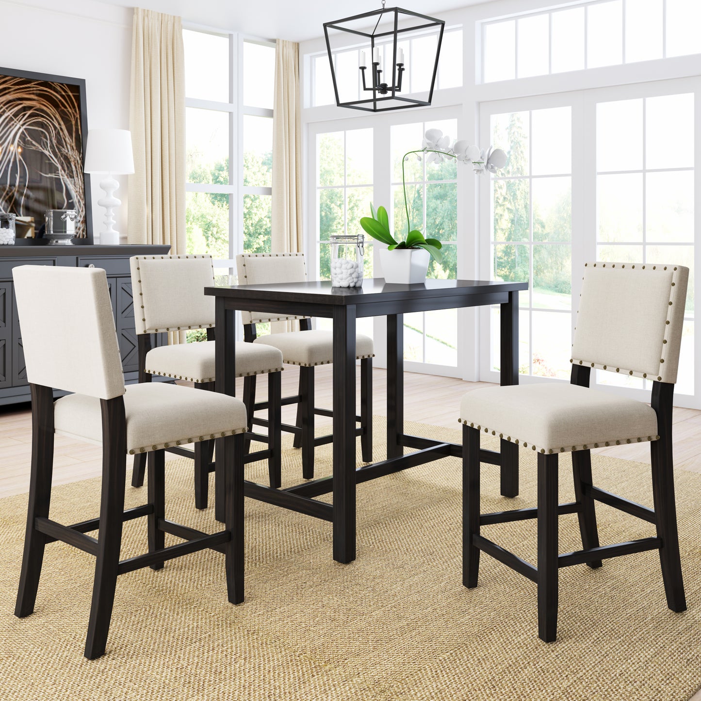 TOPMAX 5 Piece Rustic Wooden Counter Height Dining Table Set with 4 Upholstered Chairs for Small Places Espresso+ Beige