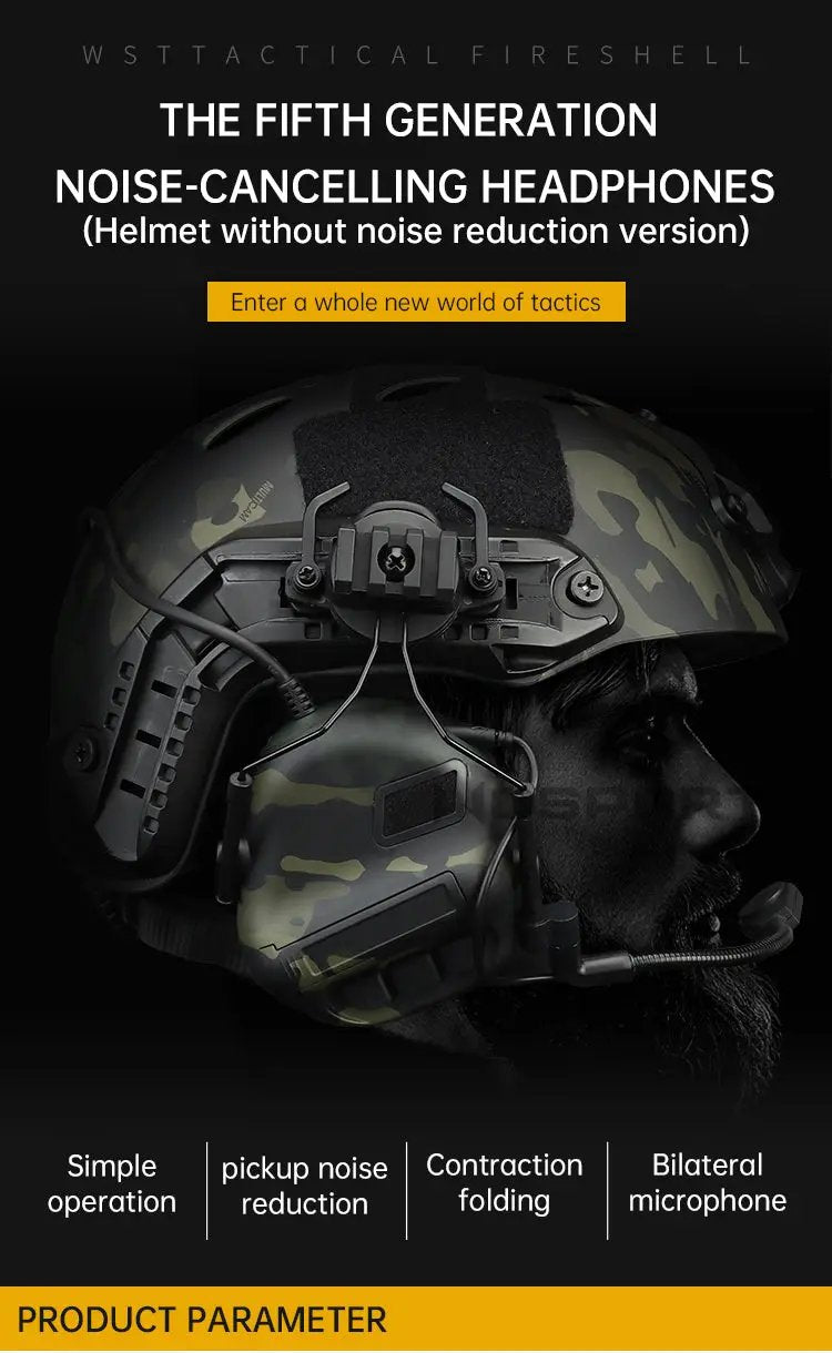 Tactical Mobile Phone Headset by eprolo mounted on camouflage helmet with bilateral microphone
