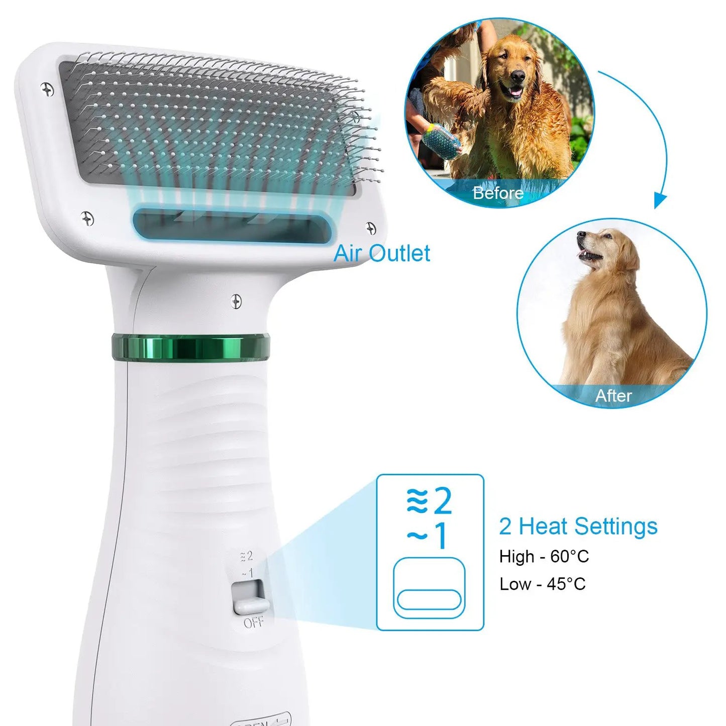 eprolo 2-in-1 portable dog dryer with comb brush, white with teal accents and air outlet