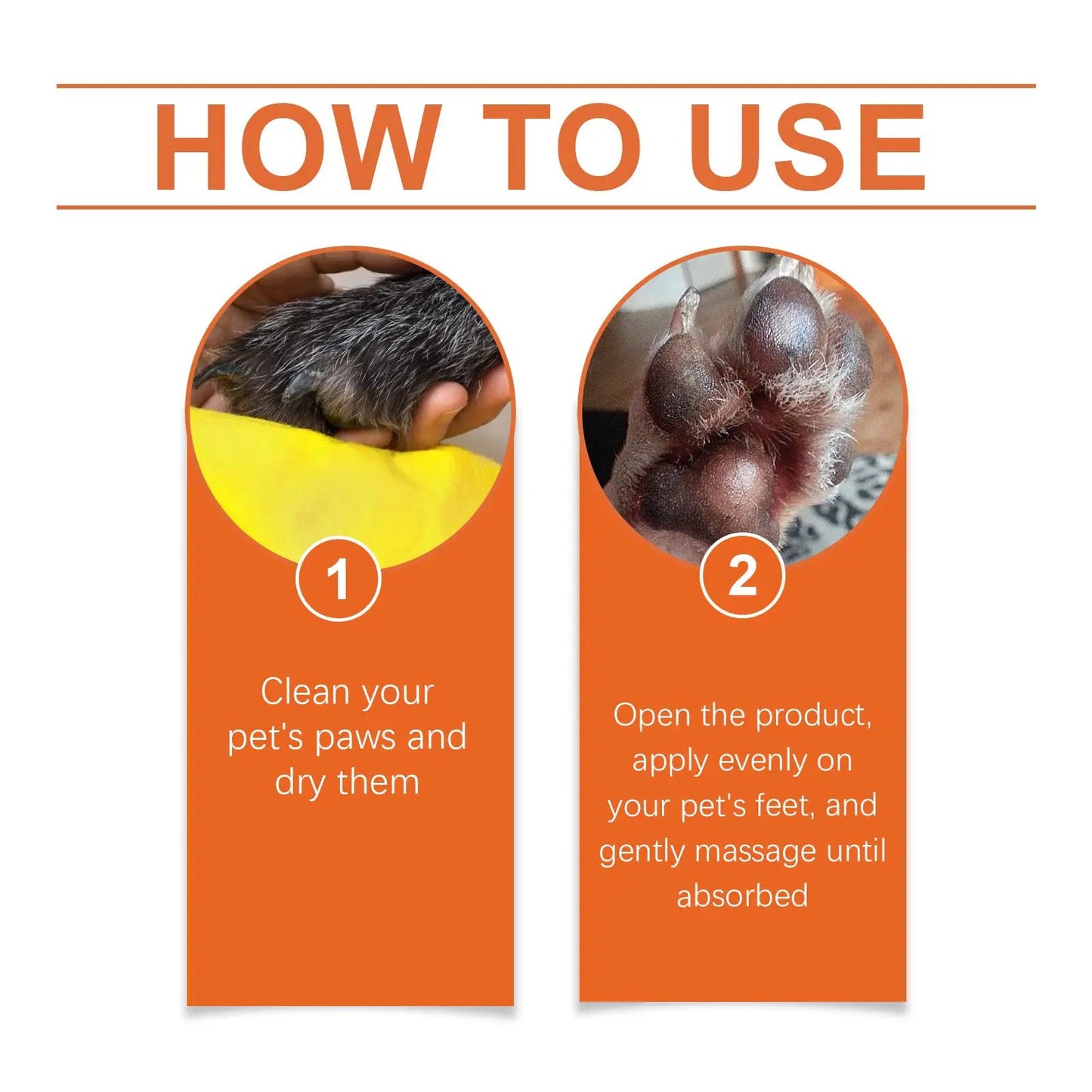 Yegbong Pet Moisturizing Paw Cream Stick by eprolo; orange step-by-step infographic showing paw cleaning and applying.