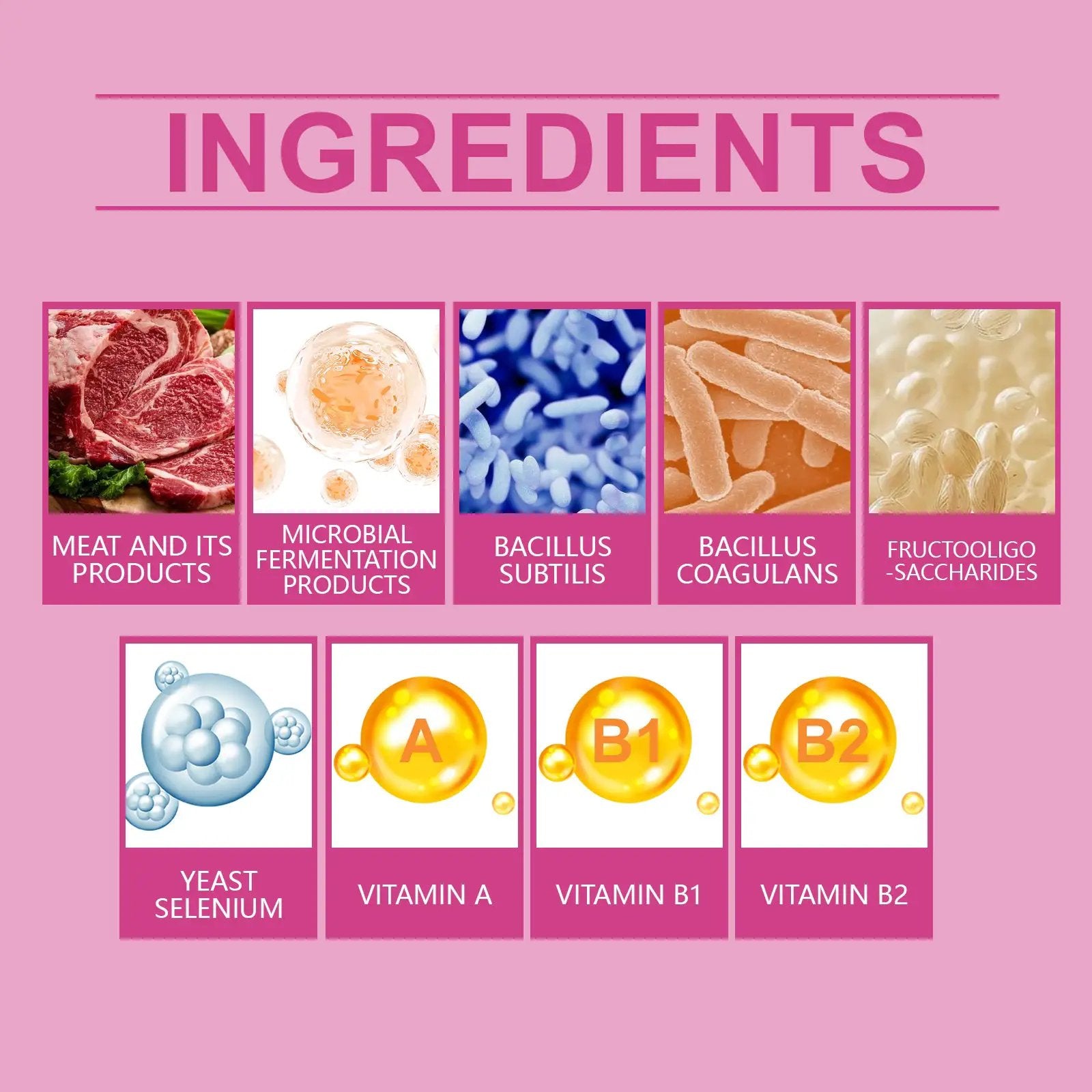 eprolo dog probiotic tablets ingredients: meat-based products, Bacillus subtilis and Bacillus coagulans, vitamins A, B1, B2