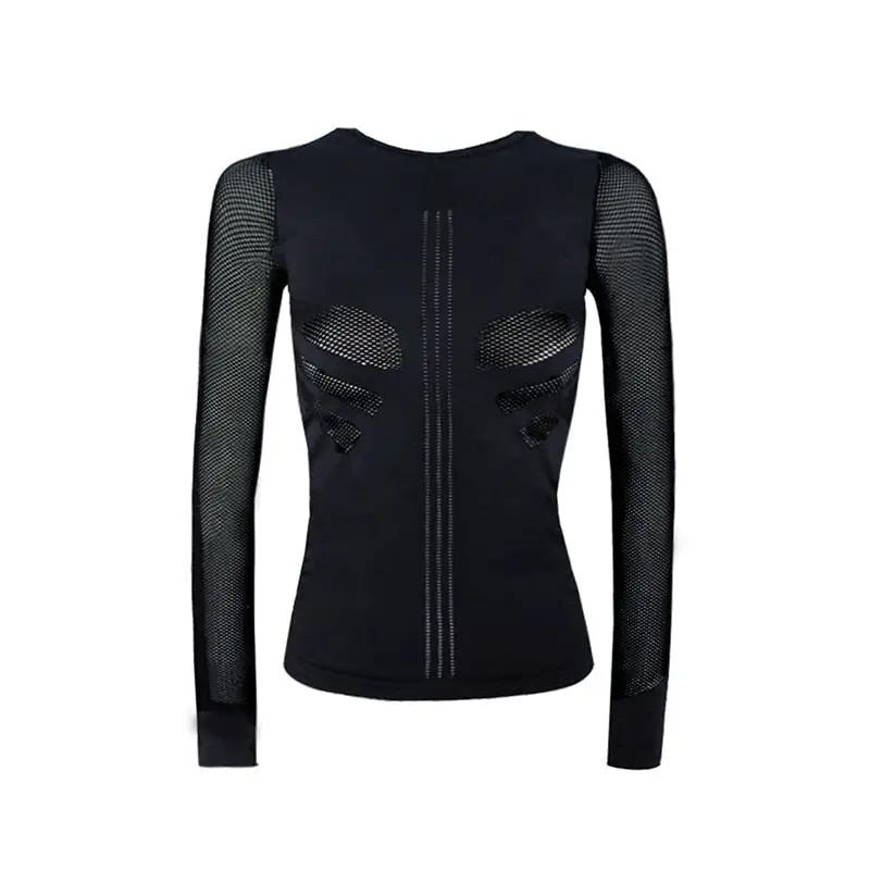 Women’s black mesh-panel long-sleeve fitness top by eprolo, seamless running/yoga shirt