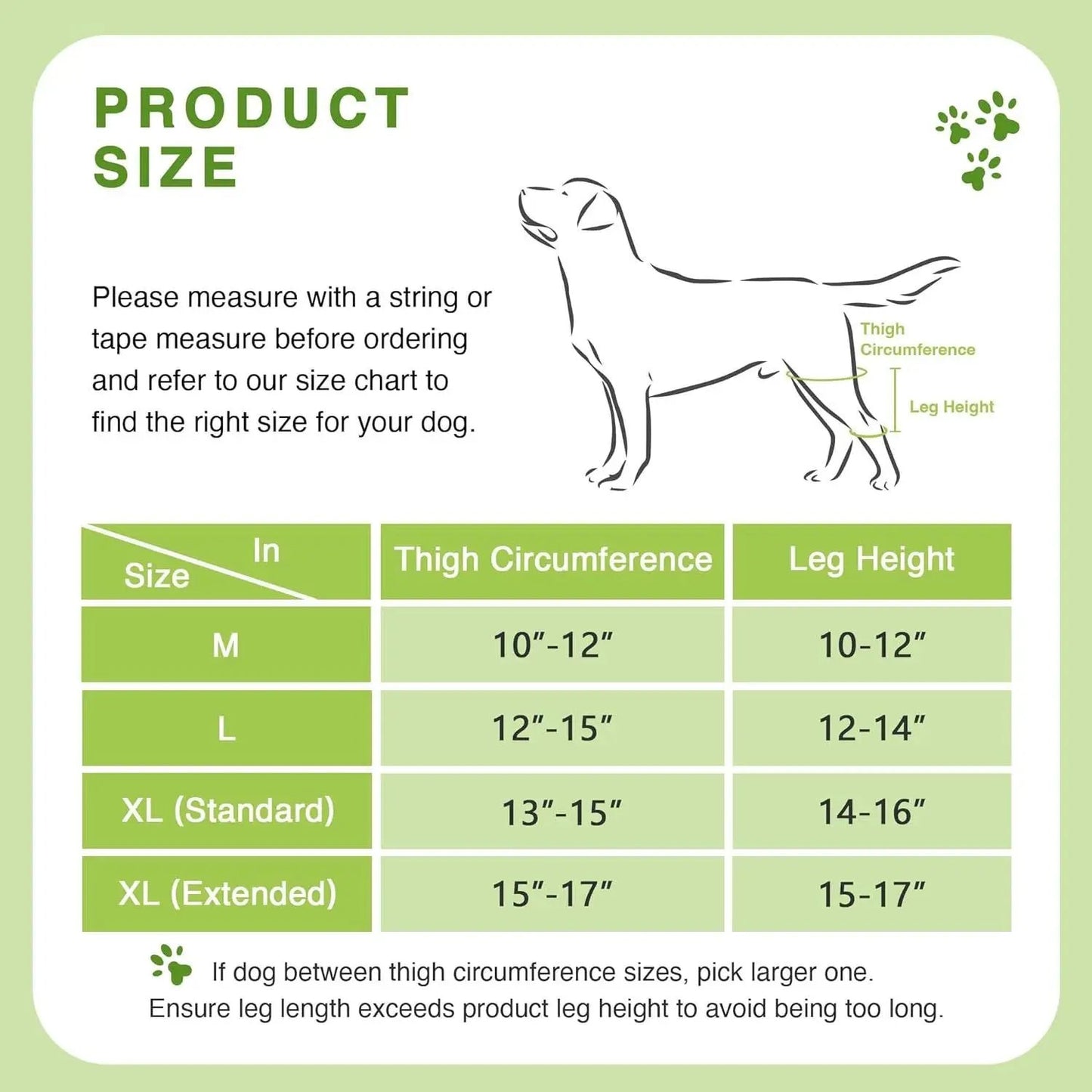 Dog knee brace by eprolo; pet leg support for postop rehab with size chart (thigh 10–17 in, leg height 10–17 in)