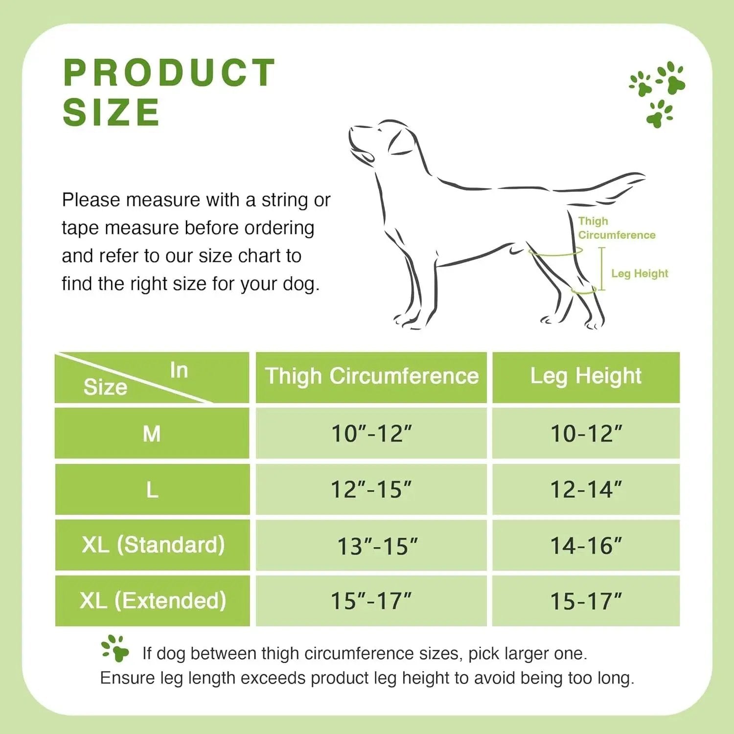 Dog knee brace by eprolo; pet leg support for postop rehab with size chart (thigh 10–17 in, leg height 10–17 in)