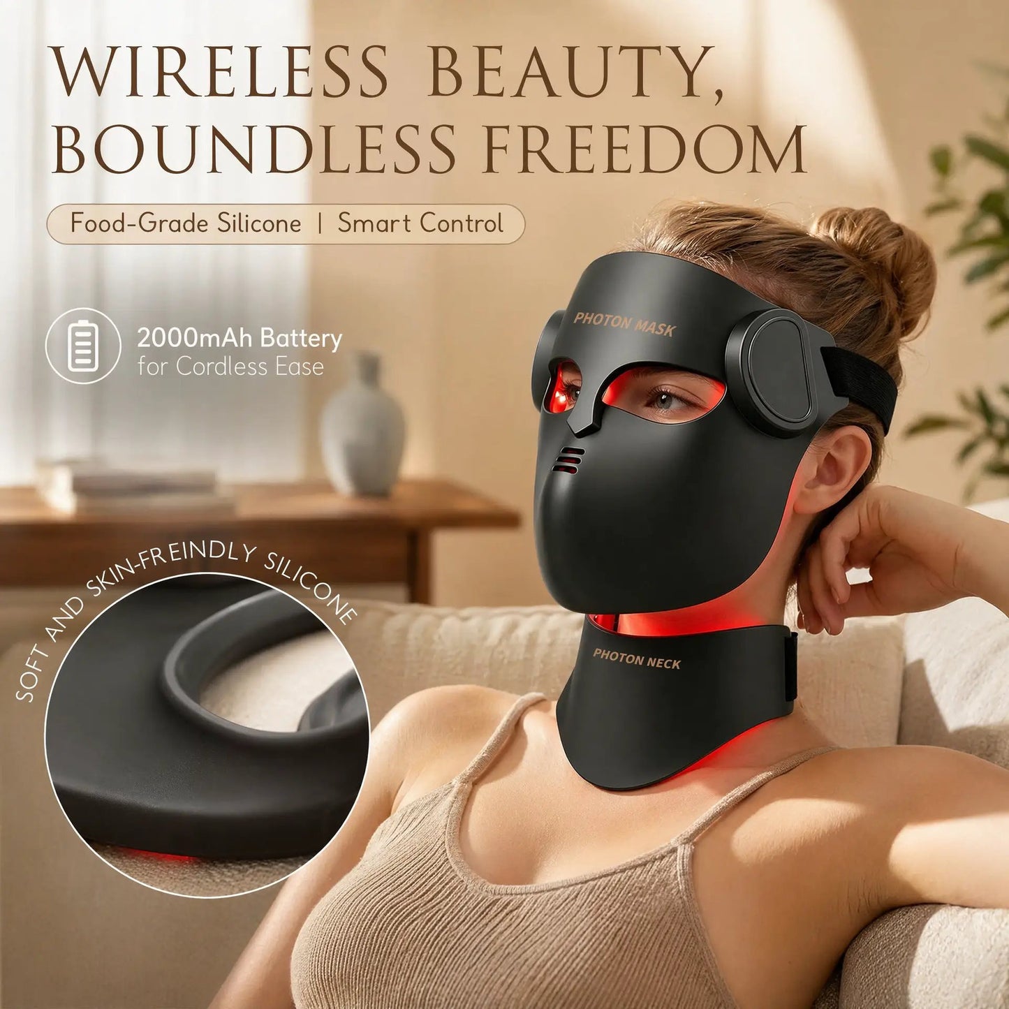 Photon Mask LED silicone facial mask by eprolo; black silicone with red LED lights and wireless remote