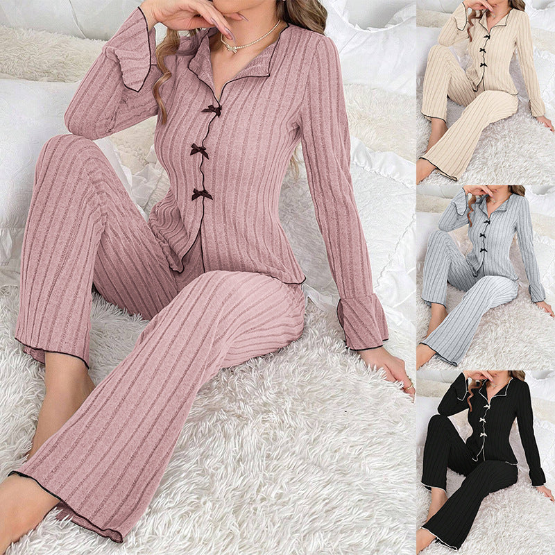 Fashionable Sexy Long Sleeve Long Pants Pajama Set for Women with Turn-Down Collar and Bow,Autumn/Winter Home Wear