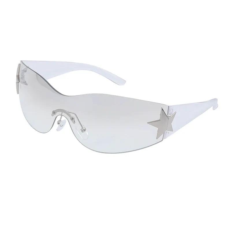 Eprolo rimless sunglasses, white shield lenses with star-embellished temples for a retro Y2K look