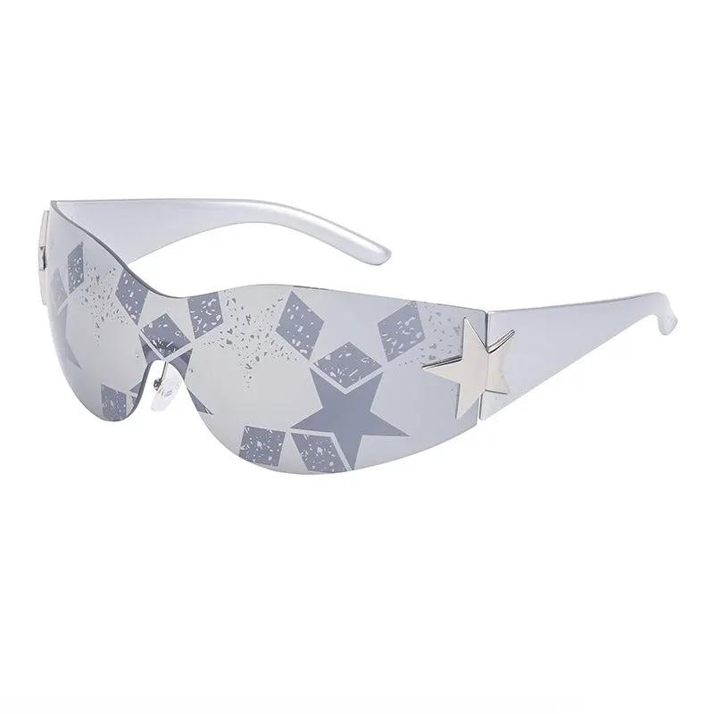 Rimless shield sunglasses with star-pattern pale lavender lenses and silver star accent