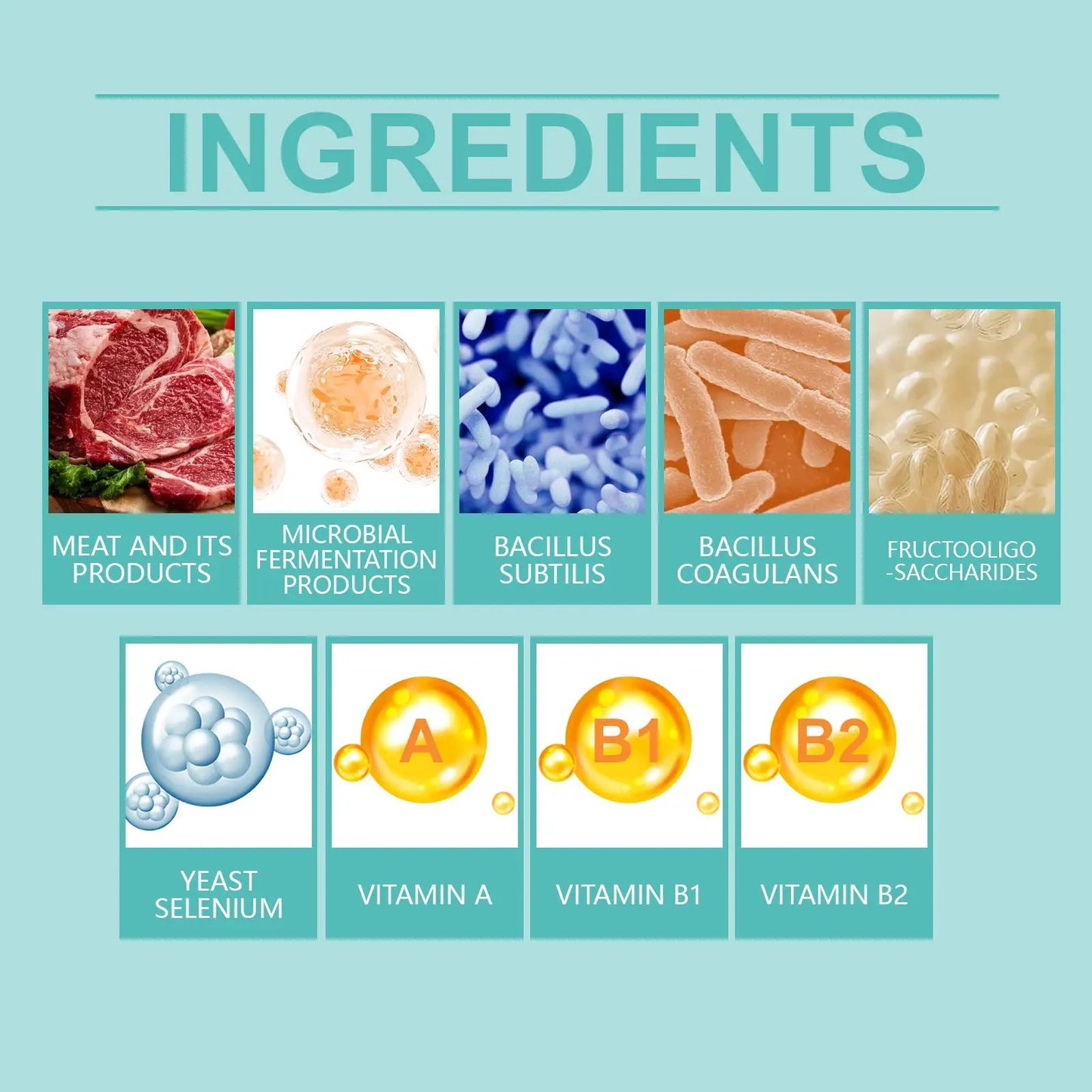 Cat probiotic tablets ingredients: meat, Bacillus subtilis, Bacillus coagulans, yeast selenium, vitamins A B1 B2