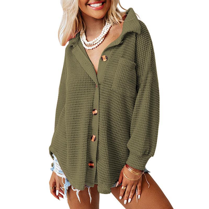 Waffle-Knit Collared Neck Long Sleeve Shirt