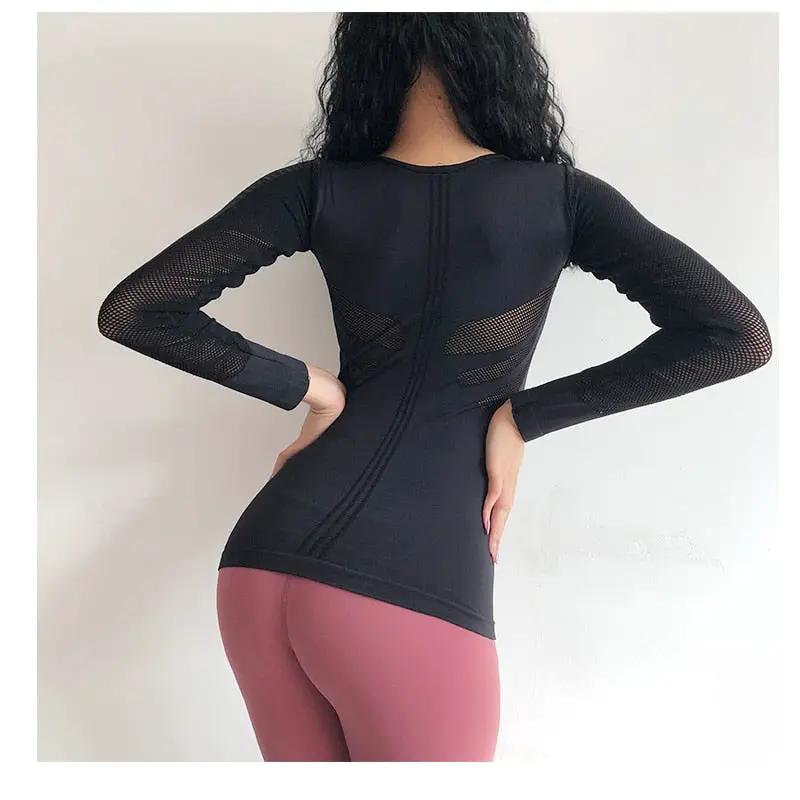 Womens black long-sleeve fitness T-shirt with mesh panels, seamless gym yoga top by eprolo