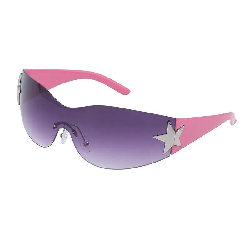 Retro rimless sunglasses by eprolo; pink temples, star accent, purple gradient lenses