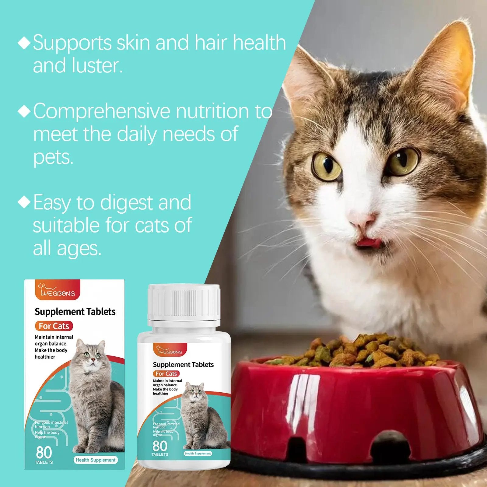 eprolo Cat Probiotic Tablets for Cats; 2 boxes and 2 bottles shown on teal background with a cat image