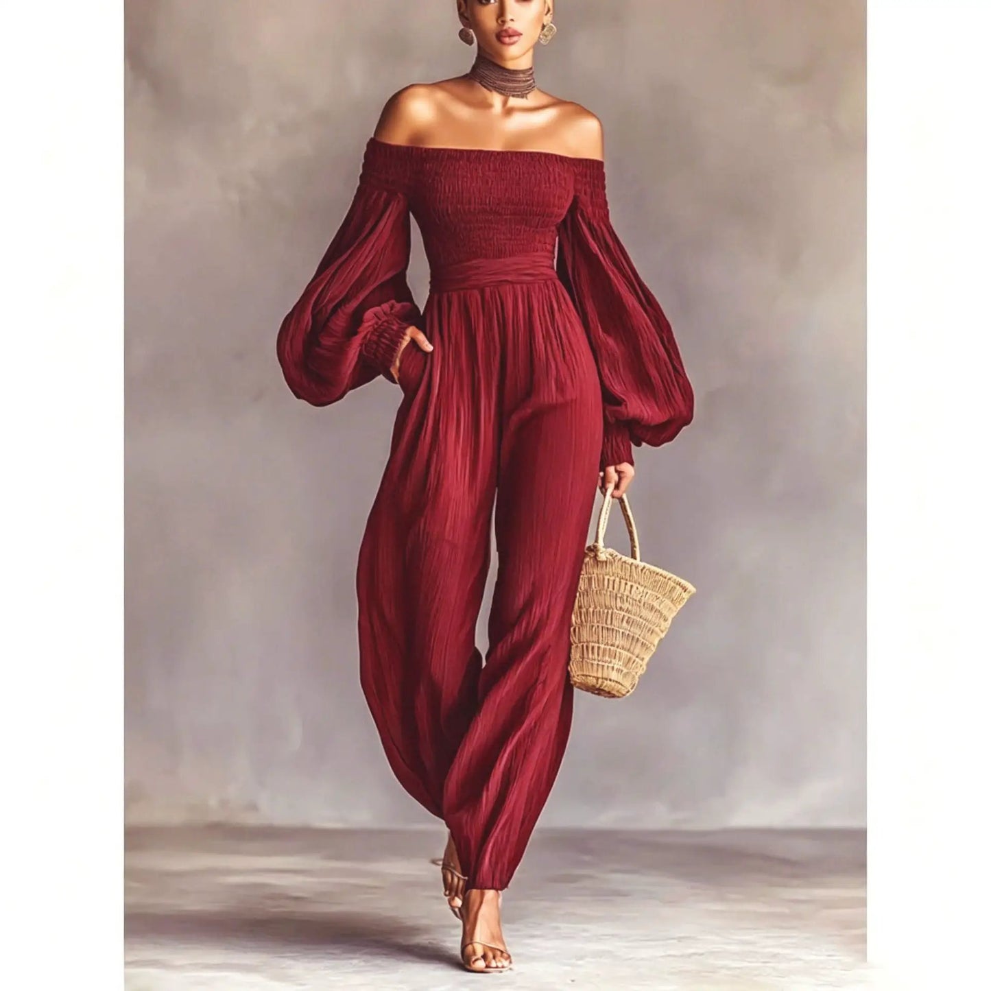 eprolo off-shoulder jumpsuit for women, burgundy pleated fabric with lantern sleeves and belted waist