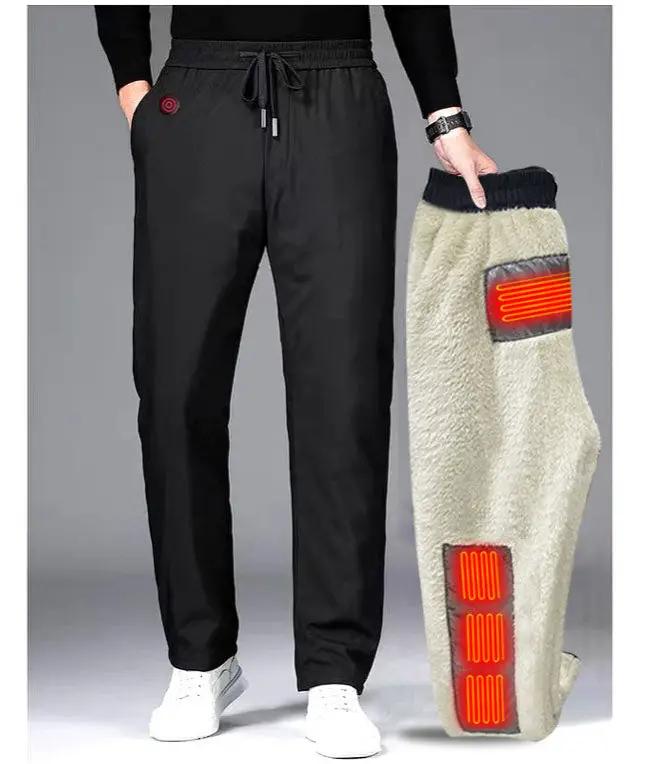 eprolo heated pants in black cotton with fleece; 2-piece set includes beige fleece leg warmer with red heating panels