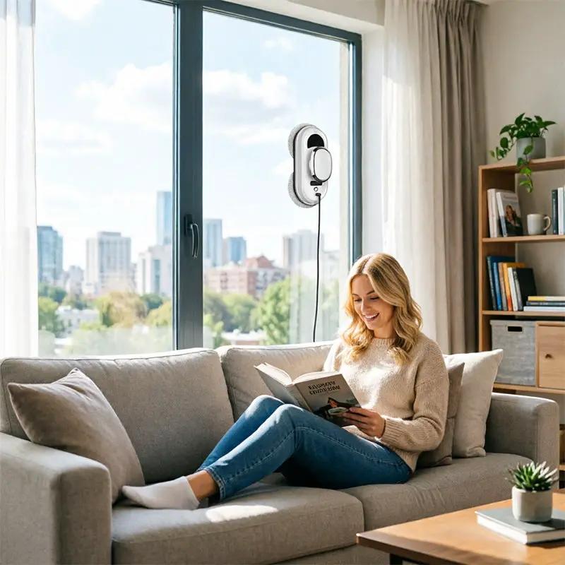 5600Pa smart window cleaning robot; ultra-thin white/silver auto glass cleaner with remote for home and office