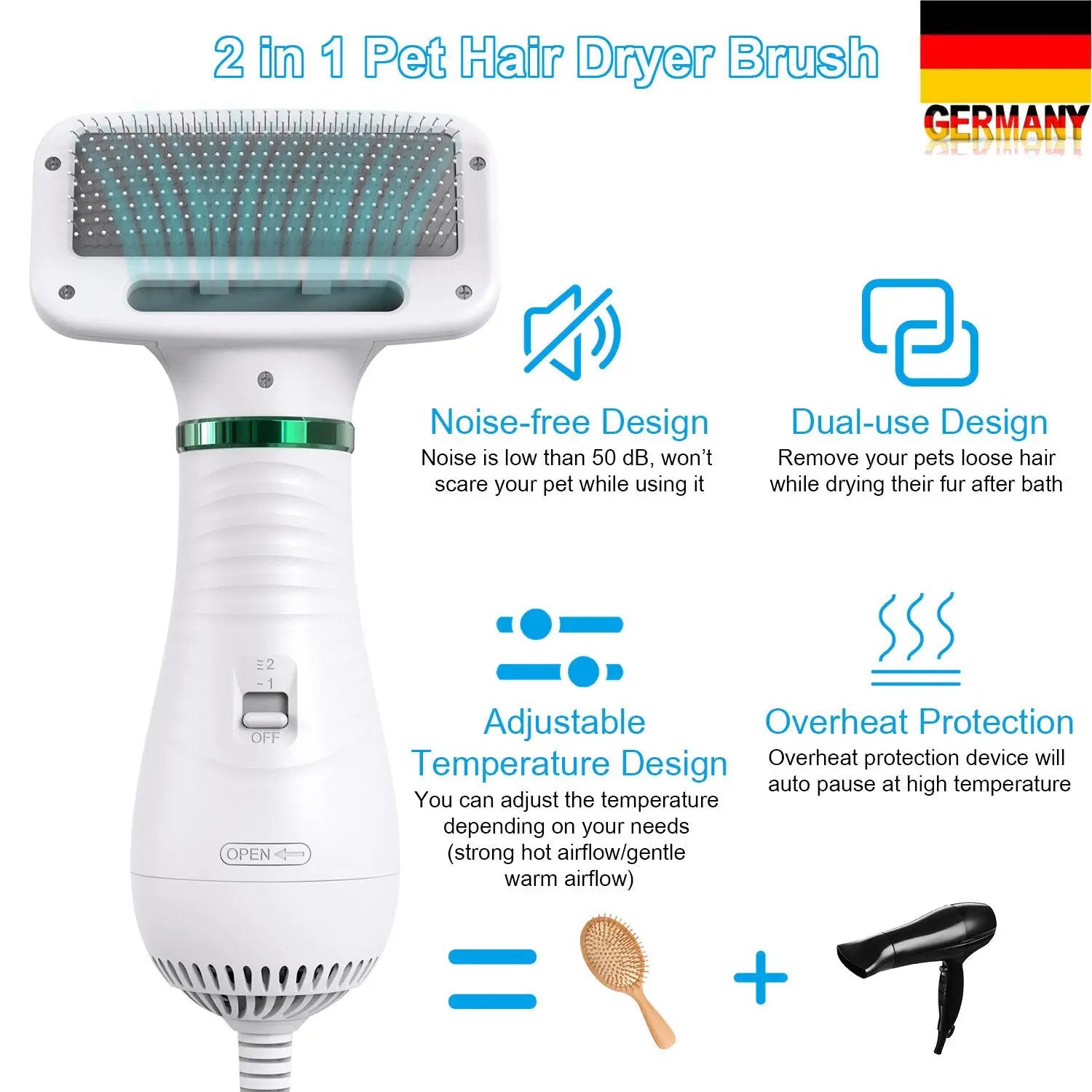 eprolo 2-in-1 portable pet hair dryer brush; white handheld grooming tool with green accent and comb bristles