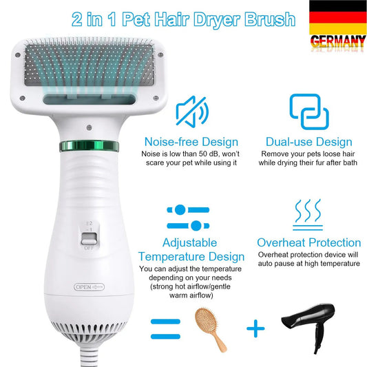 eprolo 2-in-1 portable pet hair dryer brush; white handheld grooming tool with green accent and comb bristles
