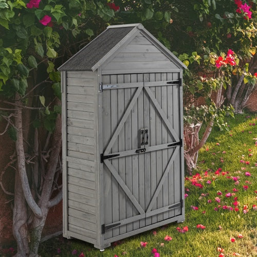 Outdoor Storage Cabinet, Garden Wood Tool Shed, Outside Wooden Shed Closet With Shelves And Latch For Yard 39.56x 22.04x 68.89