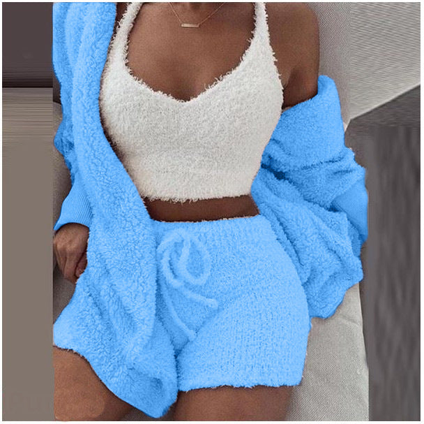 Women's clothing, winter plush home wear, casual 3Pcs pajamas long sleeved shorts sports set