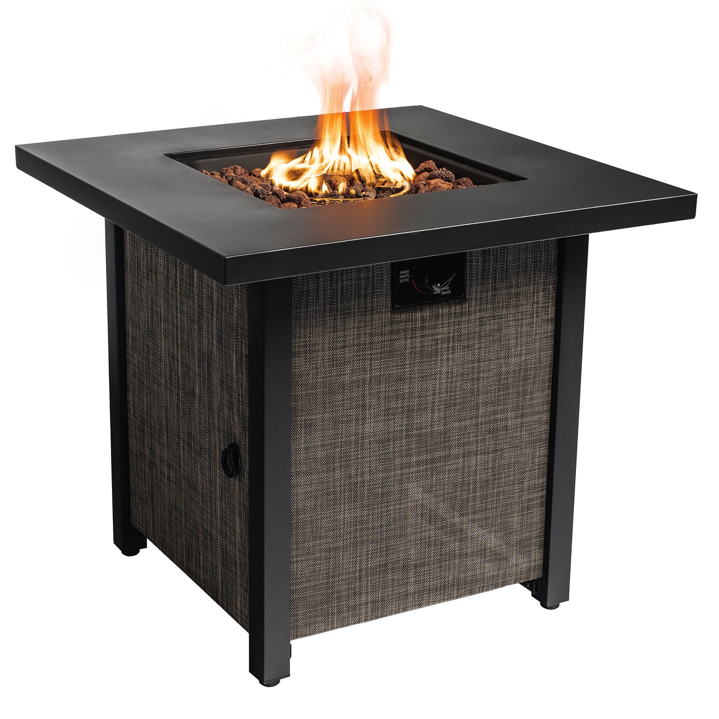 40000BTU Square Propane Fire Pit Table Steel Tabletop with Textile Side Panel Steel Lid and Rocks