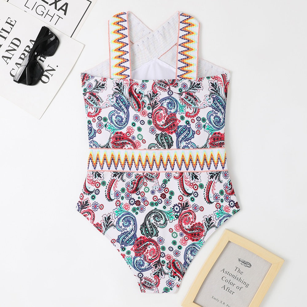 New one-piece swimsuit knitted waistband printed hanging neck one-piece swimsuit