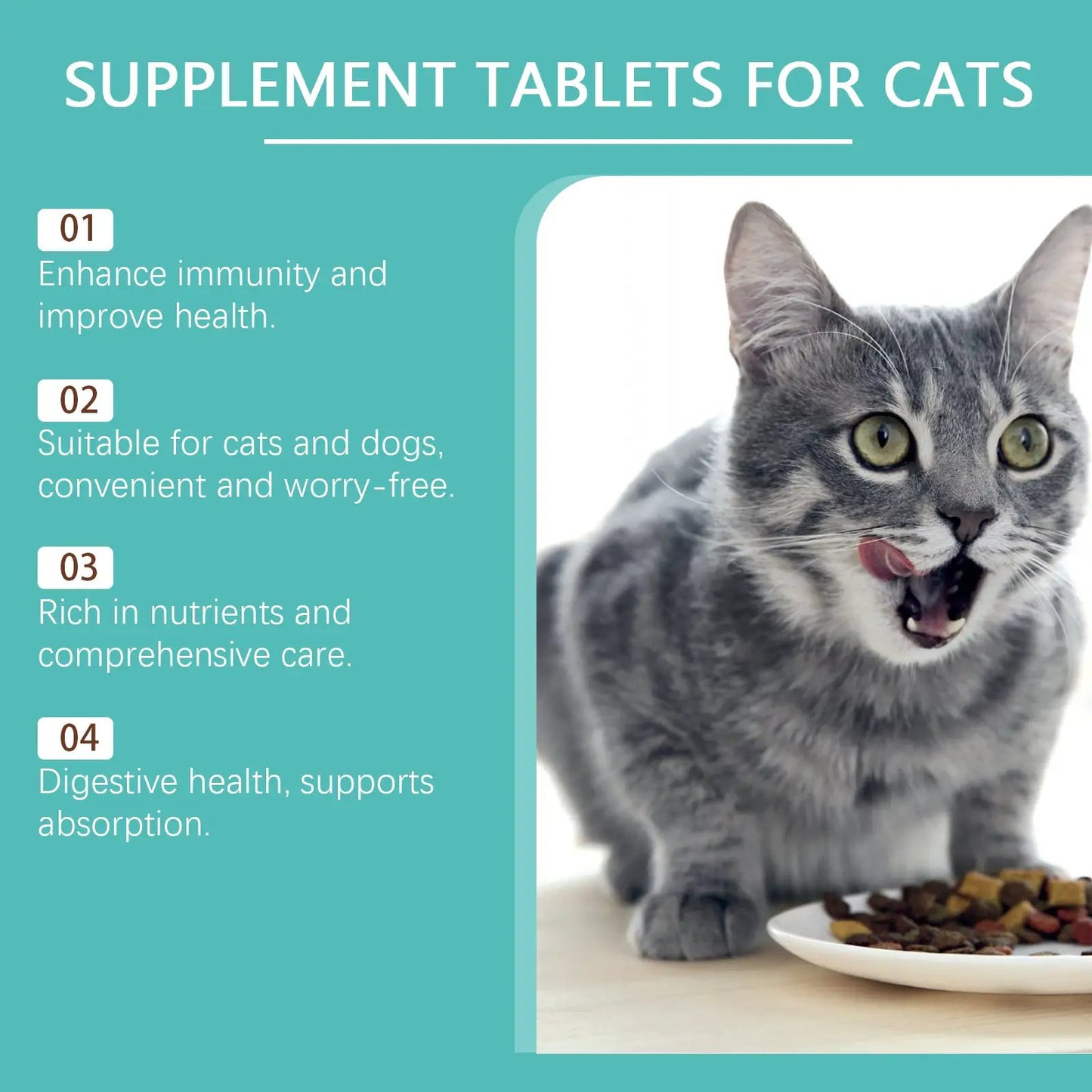 eprolo Cat Probiotic Tablets for cats infographic with a gray cat and kibble bowl.