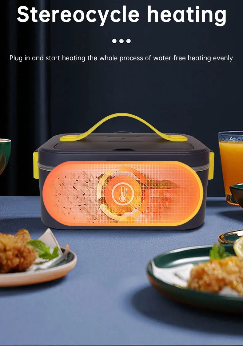 Portable electric lunch box heater with yellow handle; rechargeable, multi-voltage (110/220V and 12V/24V), dark gray with yellow accents