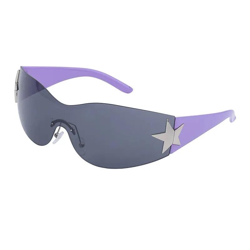 Retro rimless sunglasses with gray lenses, purple temples, and silver star accent.