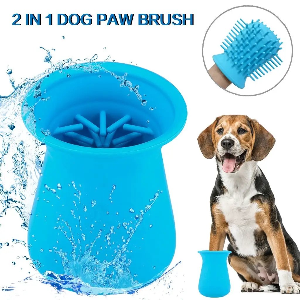 Blue 2-in-1 dog paw cleaner cup with silicone brush for grooming and washing pets.