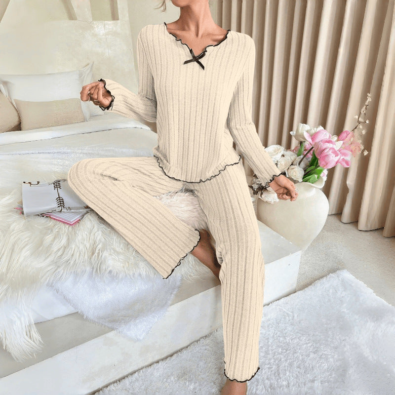 Cozy Women's Home Wear Set with Black Trim and Braided Edge Casual Sleepwear for Autumn and Winter