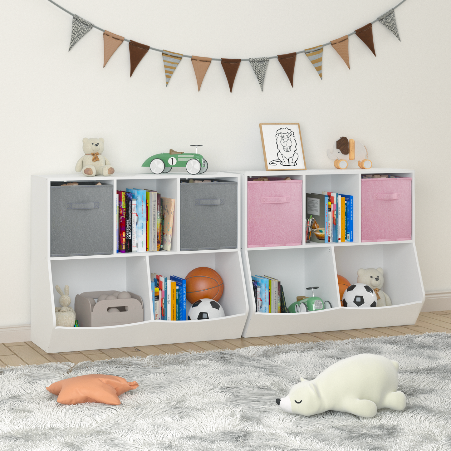 Kids Bookcase with Collapsible Fabric Drawers Children's Toy Storage Cabinet for Playroom White/Gray