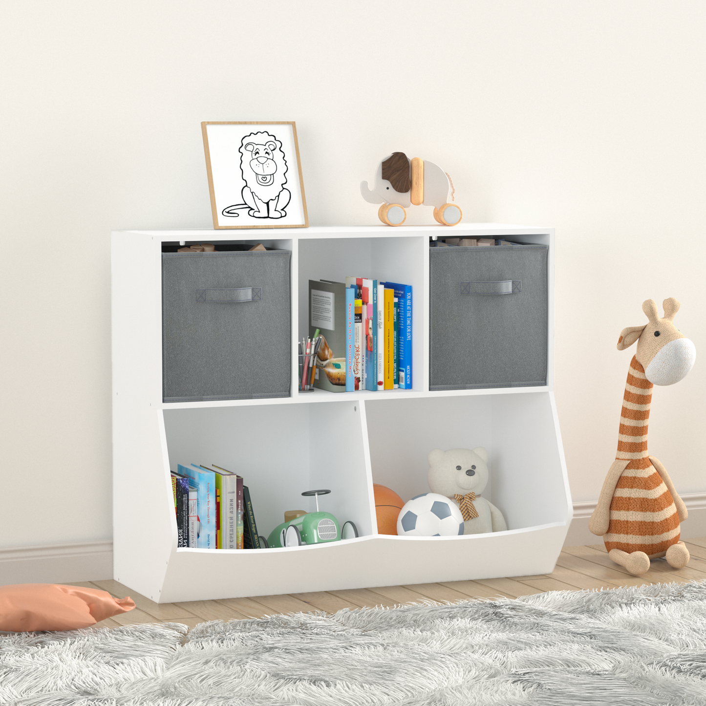 Kids Bookcase with Collapsible Fabric Drawers Children's Toy Storage Cabinet for Playroom White/Gray