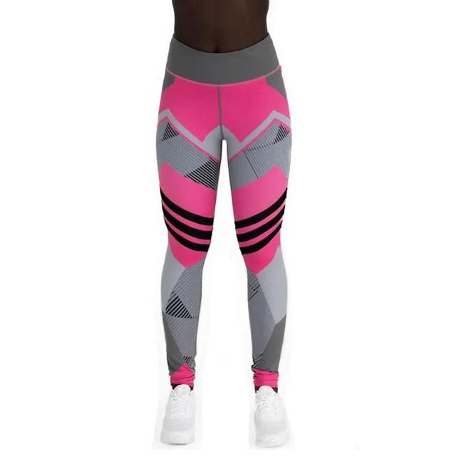 Women's yoga leggings with pink and gray geometric print, high-waisted, full-length sport tights.