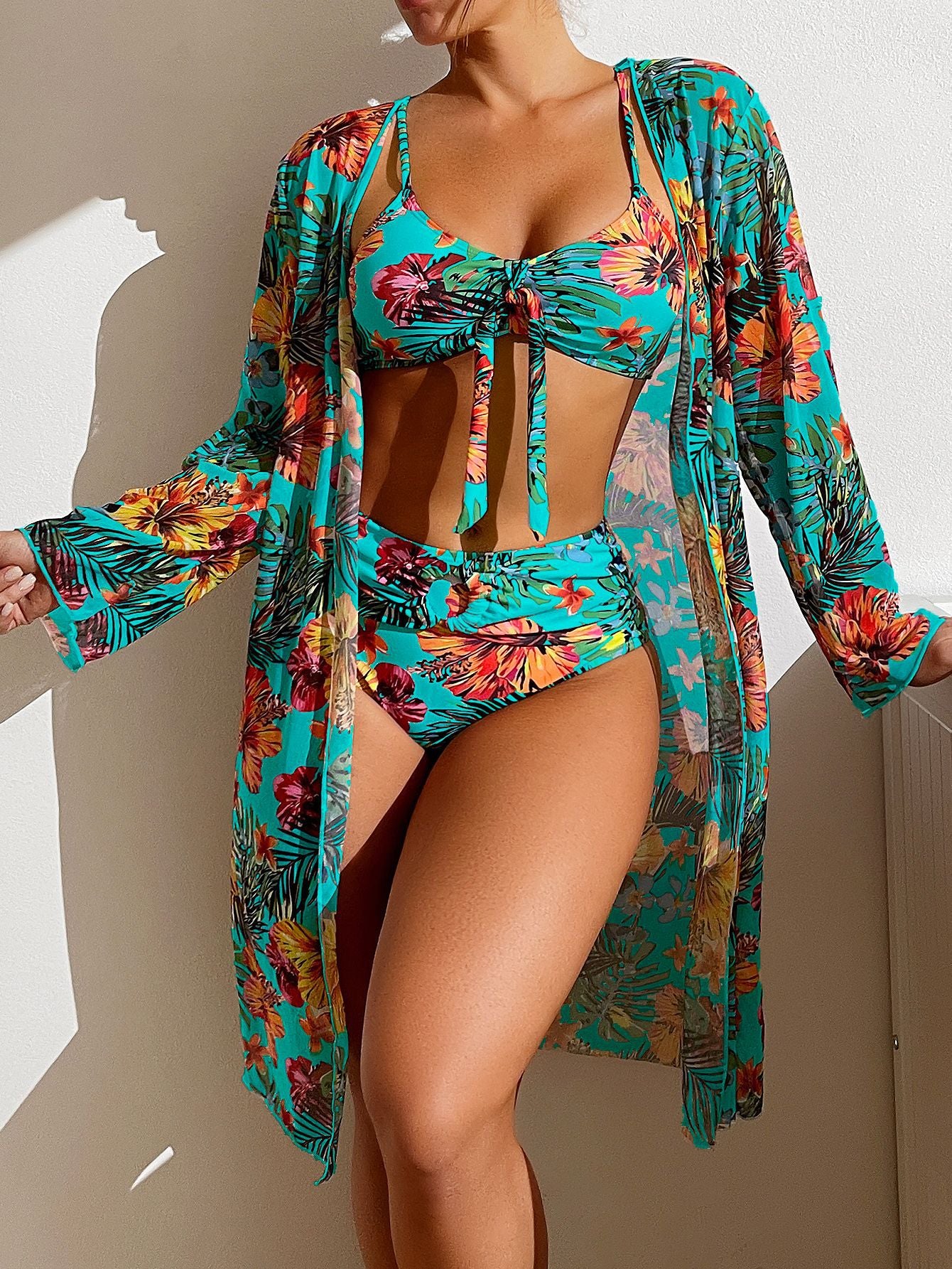 Long top split three piece printed swimsuit women's bikini